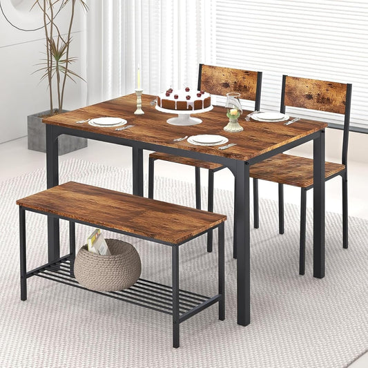 43.3'' Kitchen Dining Table Set for 4, Kitchen Table 2 Chairs Set for 4 with Bench, Space Saving Table Set for Apartment, Restaurant, Coffee Shop, Vintage Brown