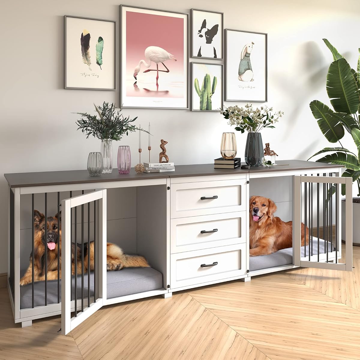 Furniture Style Dog Crate, Farmhouse Wooden Dog Kennel Furniture with 3 Drawer
