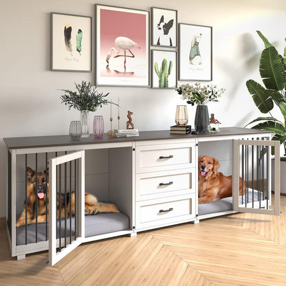 Furniture Style Dog Crate, Farmhouse Wooden Dog Kennel Furniture with 3 Drawer