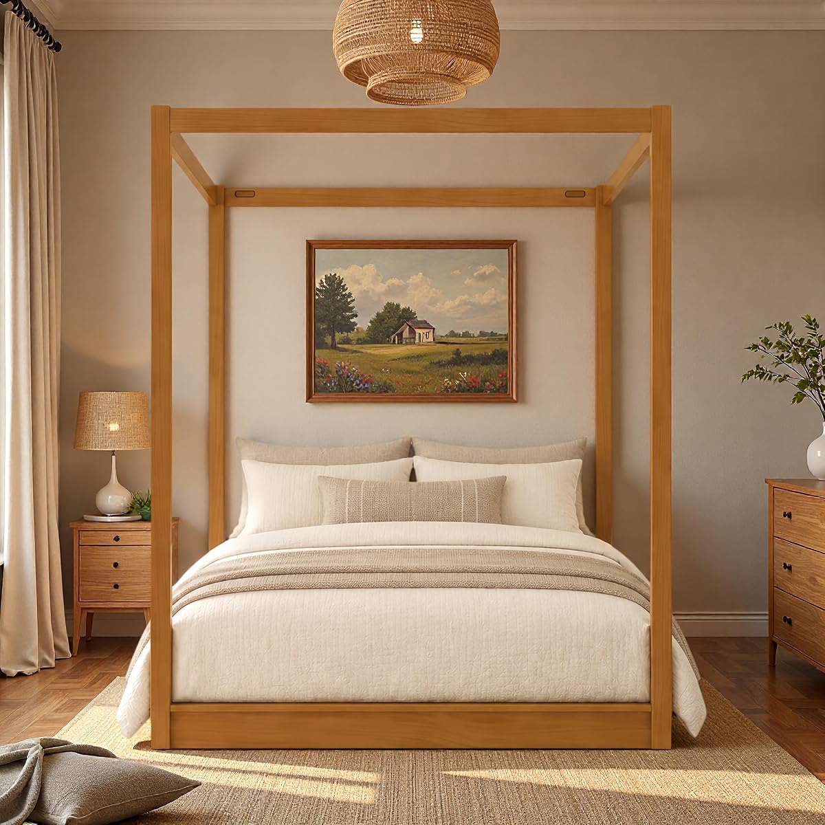 Queen Size Canopy Bed, Wood 4 Poster Floor Bed Frame with Wood Slats Support
