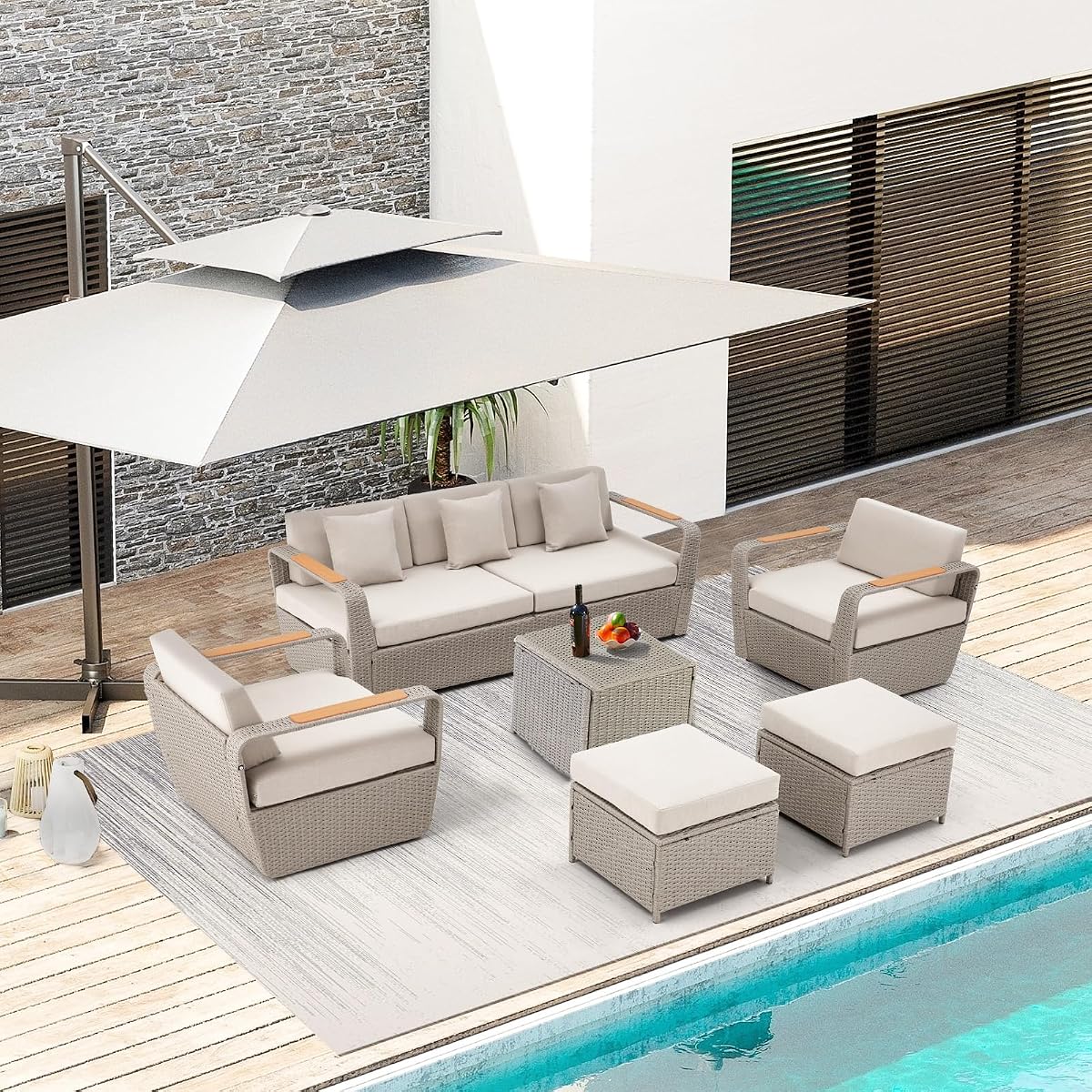Patio Furniture Set, Oversized 7-Seat Outdoor Sectional with Ottoman and Coffee Table, Wicker Rattan Patio Sofa Set with 5" Thick Removable Cushions for Garden, Porch, Backyard, Light Gray