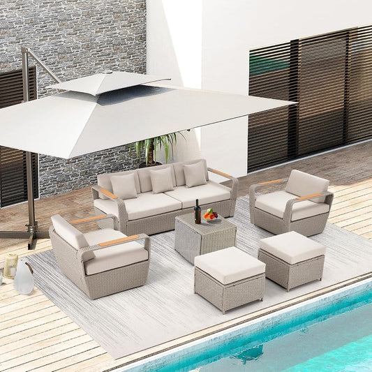 Patio Furniture Set, Oversized 7-Seat Outdoor Sectional with Ottoman and Coffee Table, Wicker Rattan Patio Sofa Set with 5" Thick Removable Cushions for Garden, Porch, Backyard, Light Gray
