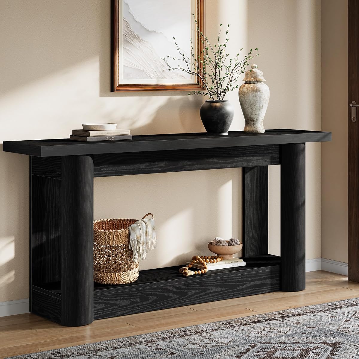 Tribesigns 63-Inch Farmhouse Console Table, Narrow Long Sofa Table Behind The Couch, 2-Tier Storage Entryway Furniture for Hallway, Entrance, Living Room, Black