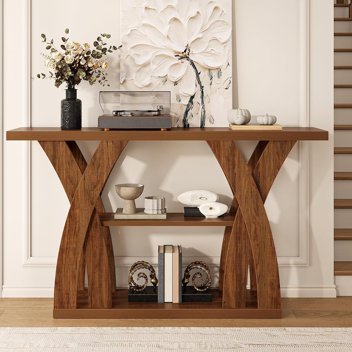 55 inch Farmhouse Entryway Table, Console Table with 3-Tier Storage, Rustic Striped Brown X-Shaped Narrow Entry Table for Behind Couch, Living Room, Hallway, Foyer