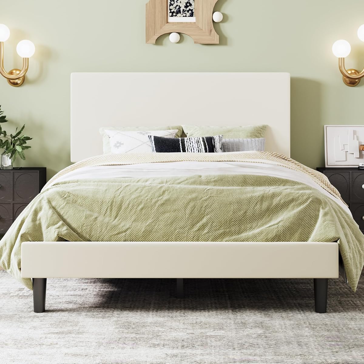 Boucle Upholstered Queen Size Bed Frame, Cream