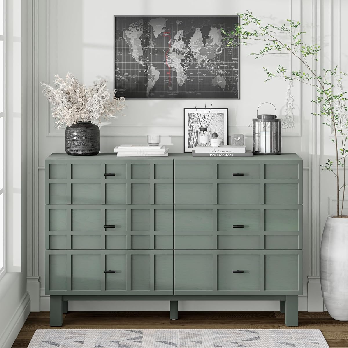 Modern 6 Drawer Double Dresser with Grid Carved Pine Front