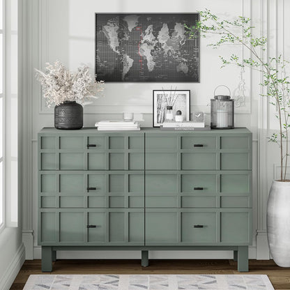 Modern 6 Drawer Double Dresser with Grid Carved Pine Front