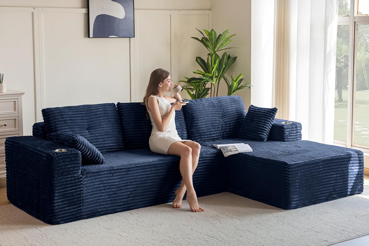 104" Modular Sectional Couch with L-Shape Chaise, Modern Boneless Couch for Living Room, Sofa in A Box, Oversized Sofa with Deep Seat, No Assembly Required, Navy