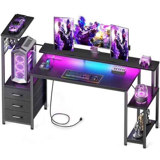 55 Inch Gaming Desk with Bluetooth LED Lights & Power Outlets,Computer Desk with Fabric Drawers & Hooks,Reversible Gamer Table with Monitor Stand for Game Room,Home Office,Carbon Fiber Black