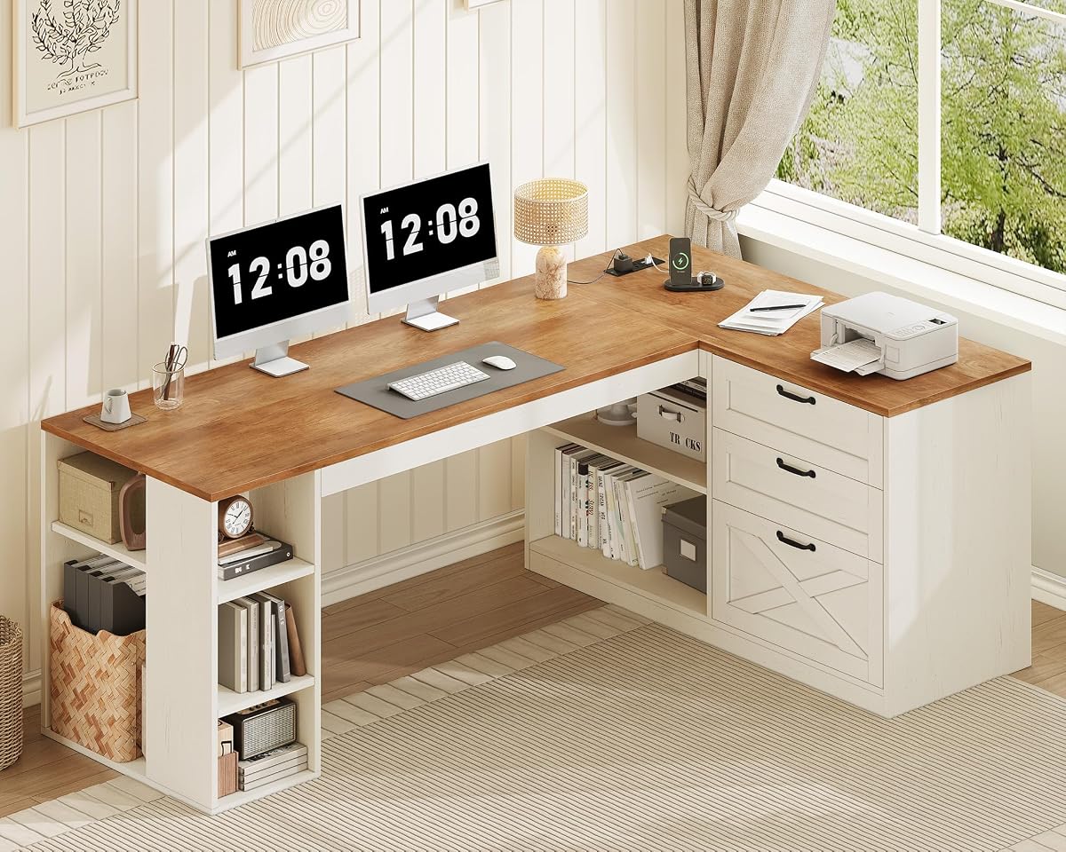 Farmhouse L Shaped Computer Desk with Drawers, Power Outlet for Home Office