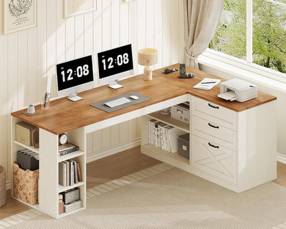 Farmhouse L Shaped Computer Desk with Drawers, Power Outlet for Home Office