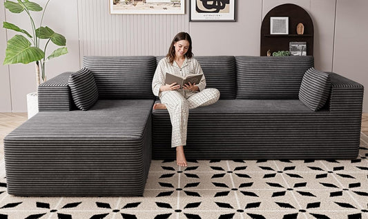 106" Cloud Sectional Boneless Couches for Living Room, Modular L Shaped Couch with Deep Seat Oversized Left Facing Chaise, Memory Foam Compressed Spineless 3 Seater Sofa for Bedroom Apartment, Grey