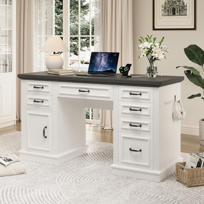 Farmhouse 57" Executive Desk with 7 Drawers, Home Office Desk with File Cabinet Storage, Computer Desk with Charging Station and Headphone Hook for Work, Study, Writing, White
