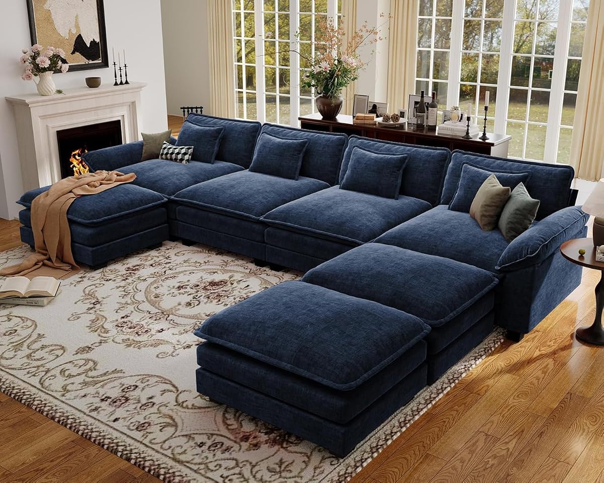 154" Oversized Modular Sectional Sofa, Comfy U-Shaped Cloud Couch w/ 3 Movable Ottoman, 7-Seater Chenille Deep Seat Modern Sofa Couch for Living Room, DIY Combination, Blue
