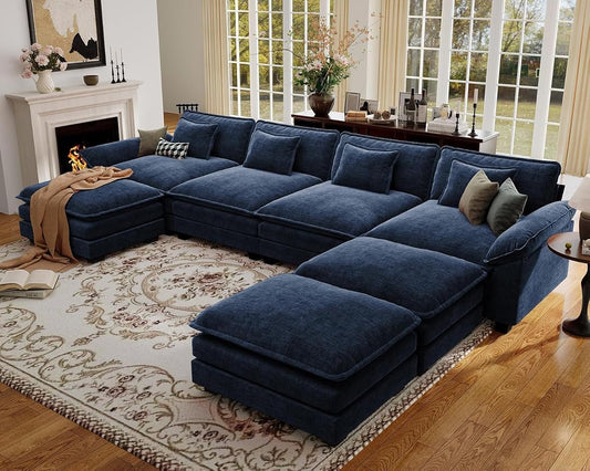154" Oversized Modular Sectional Sofa, Comfy U-Shaped Cloud Couch w/ 3 Movable Ottoman, 7-Seater Chenille Deep Seat Modern Sofa Couch for Living Room, DIY Combination, Blue
