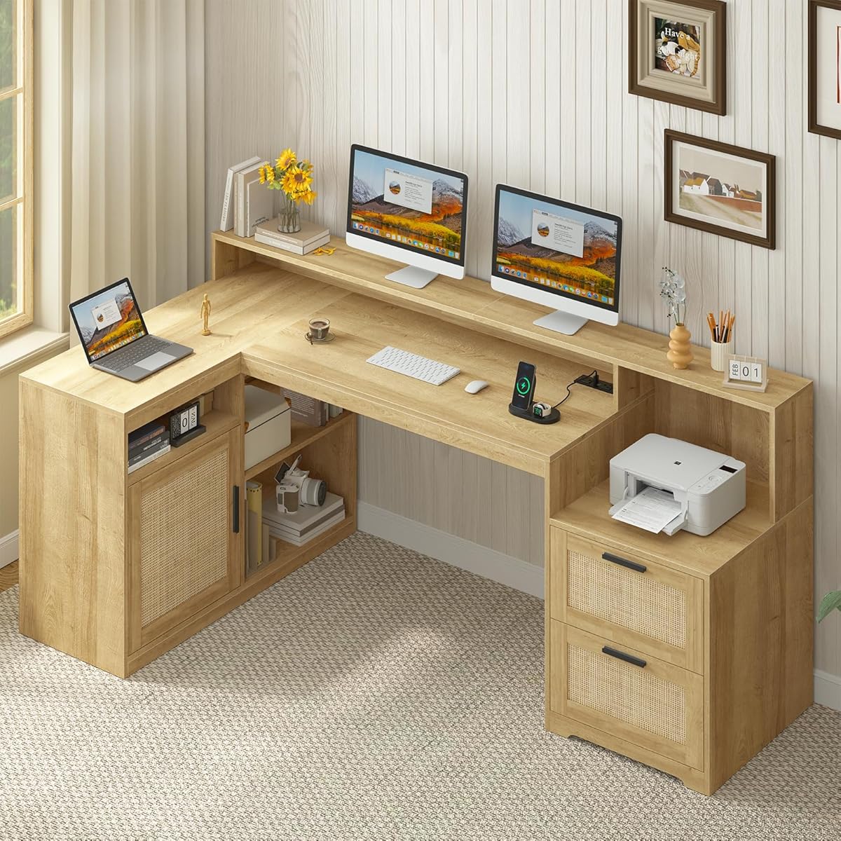 Farmhouse L Shaped Desk with Drawers, 62.2" Home Office Desk with Storage Shelves and Power Outlet, L Shaped Computer Desk with Monitor Stand and Printer Shelf, Oak/Rattan