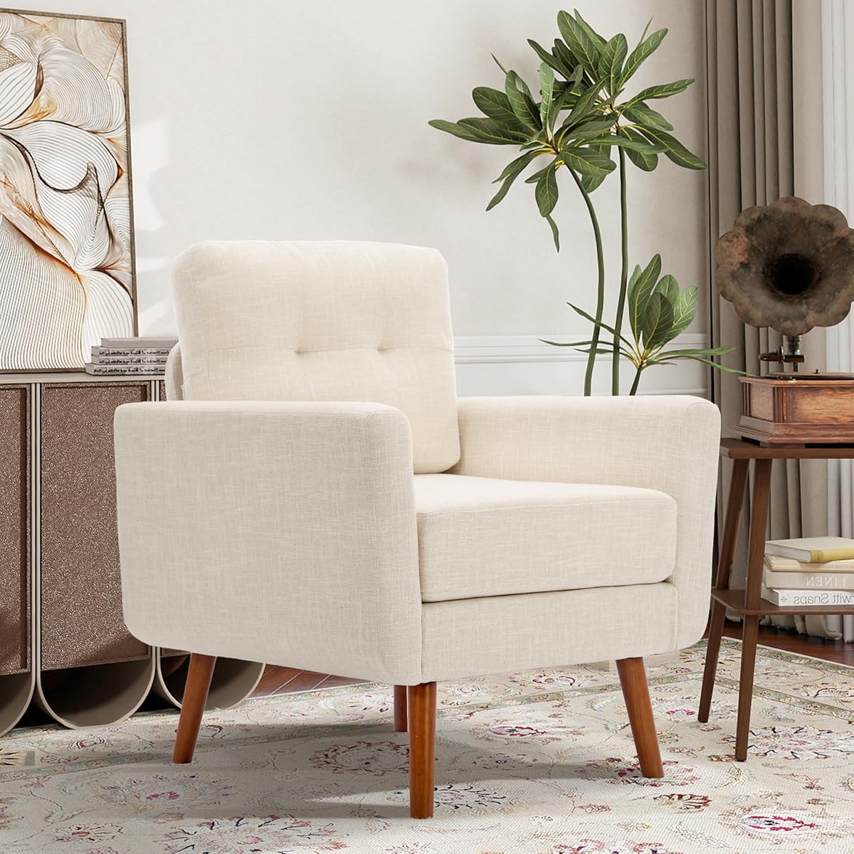 Linen Fabric Single Sofa, Accent Chair, Mid Century Modern Armchair for Living Room, Bedroom Button Tufted Upholstered Comfy Reading Sofas, Beige