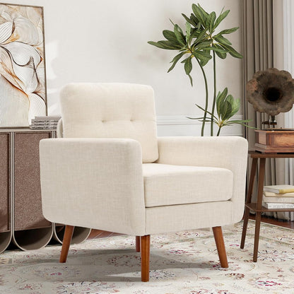 Linen Fabric Single Sofa, Accent Chair, Mid Century Modern Armchair for Living Room, Bedroom Button Tufted Upholstered Comfy Reading Sofas, Beige