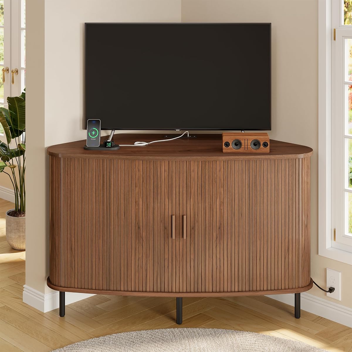 47" Corner TV Stand, Corner Cabinet with Sliding Door, Walnut