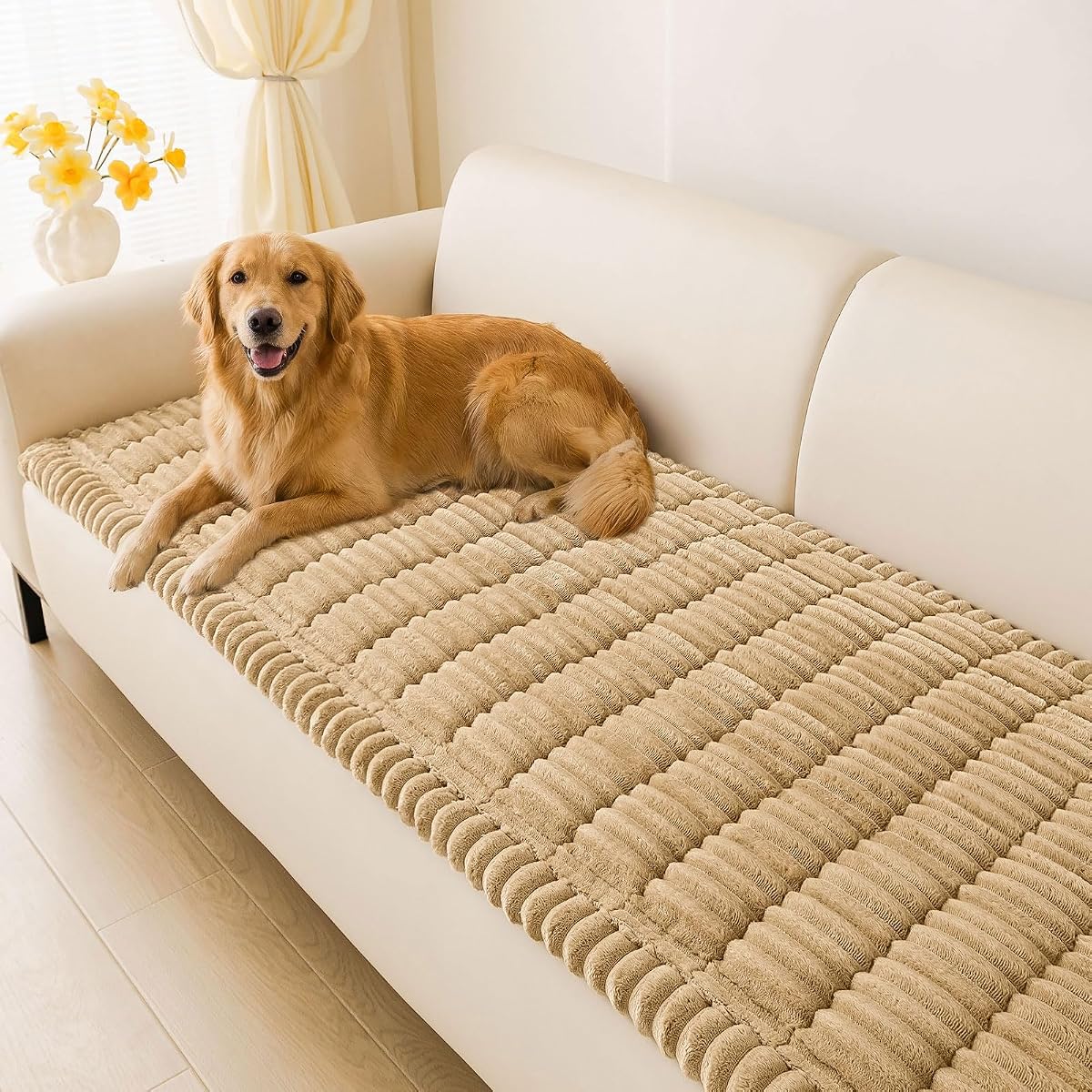 Couch Cover for Dogs Washable, Non Slip Thick Flannel Sofa Protector, Pet Friendly Plush Furniture Cover for Sectional Sofa & Loveseat (Camel, 27.6" x 59")