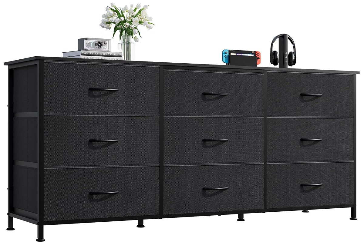 Dresser TV Stand for 65 Inch TV, 9 Drawer Dresser for Bedroom, Black