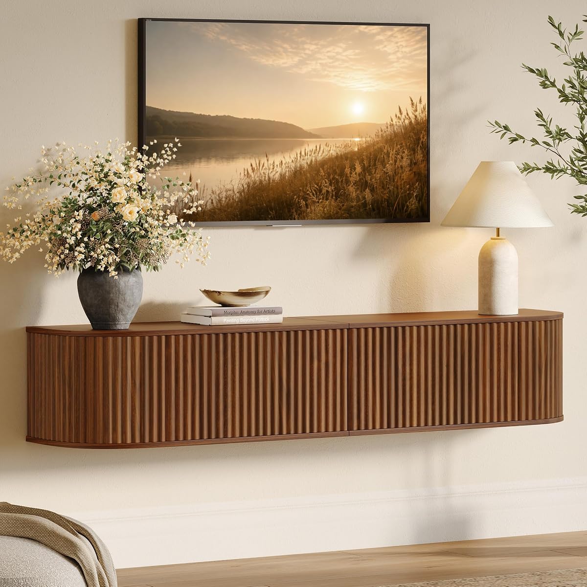 55" Walnut Fluted Floating TV Stand for TVs up to 65" for Living Room