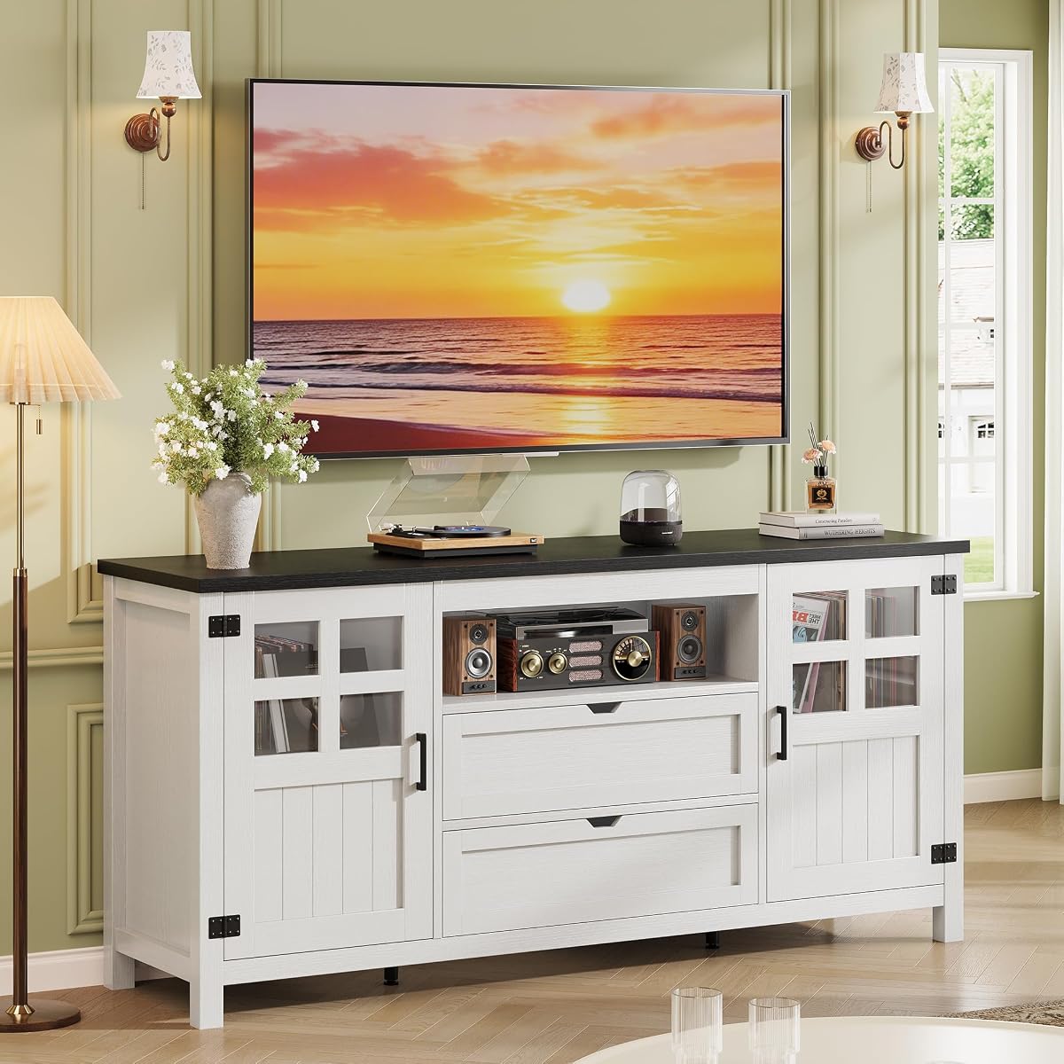 66'' Farmhouse Tv Stand for 55-75 Inch, TV Console with Storage