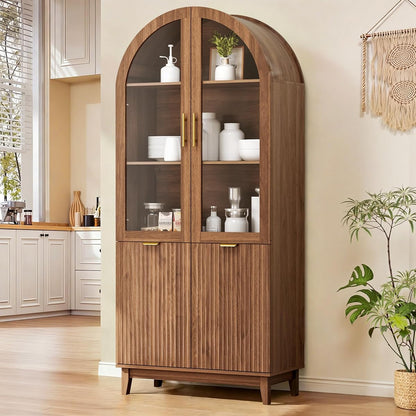 71" Tall Arched Cabinet with Glass Doors, Fluted Kitchen Pantry Cabinet