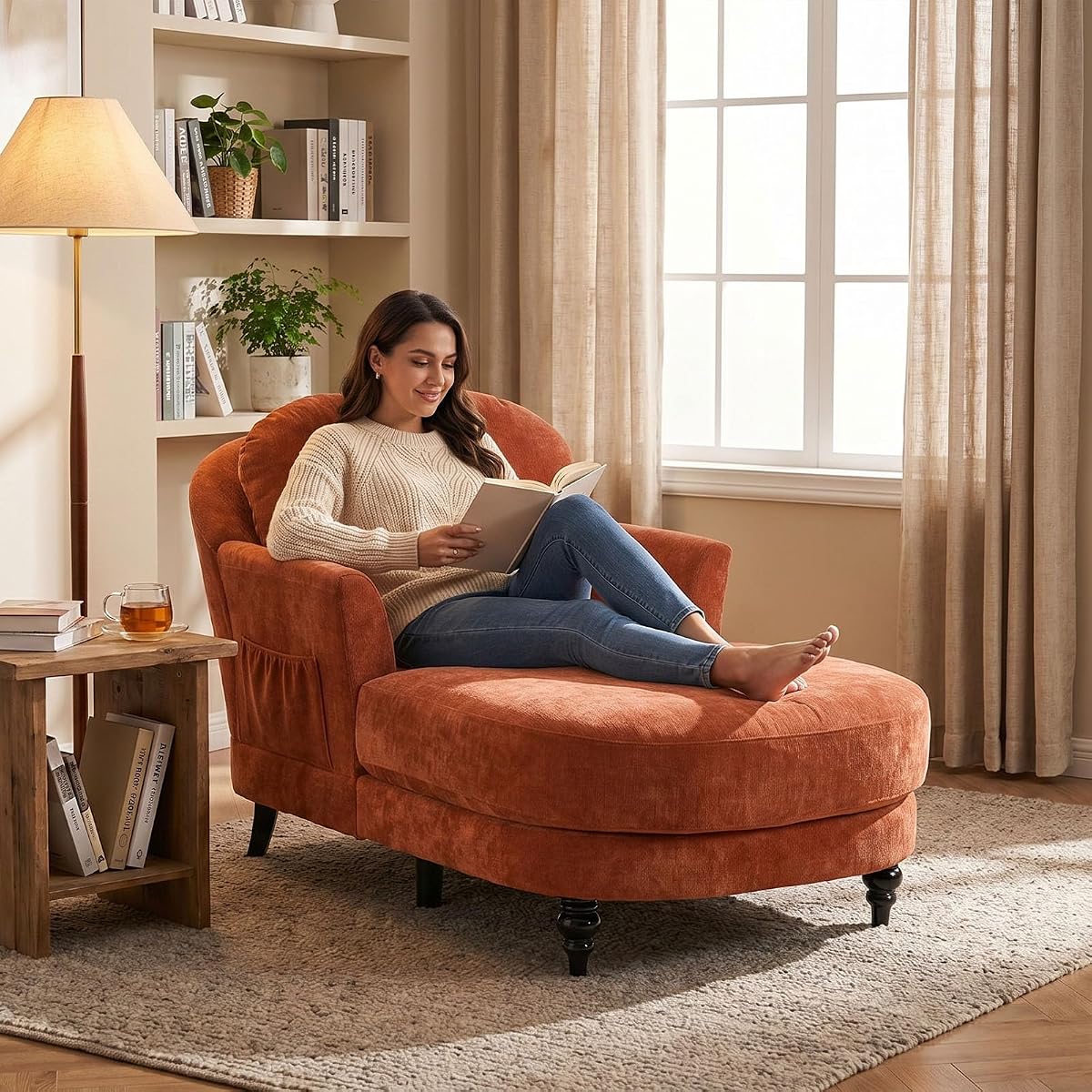59.8” Chaise Lounge Chair Indoor, Oversized Reading Armchair, Orange