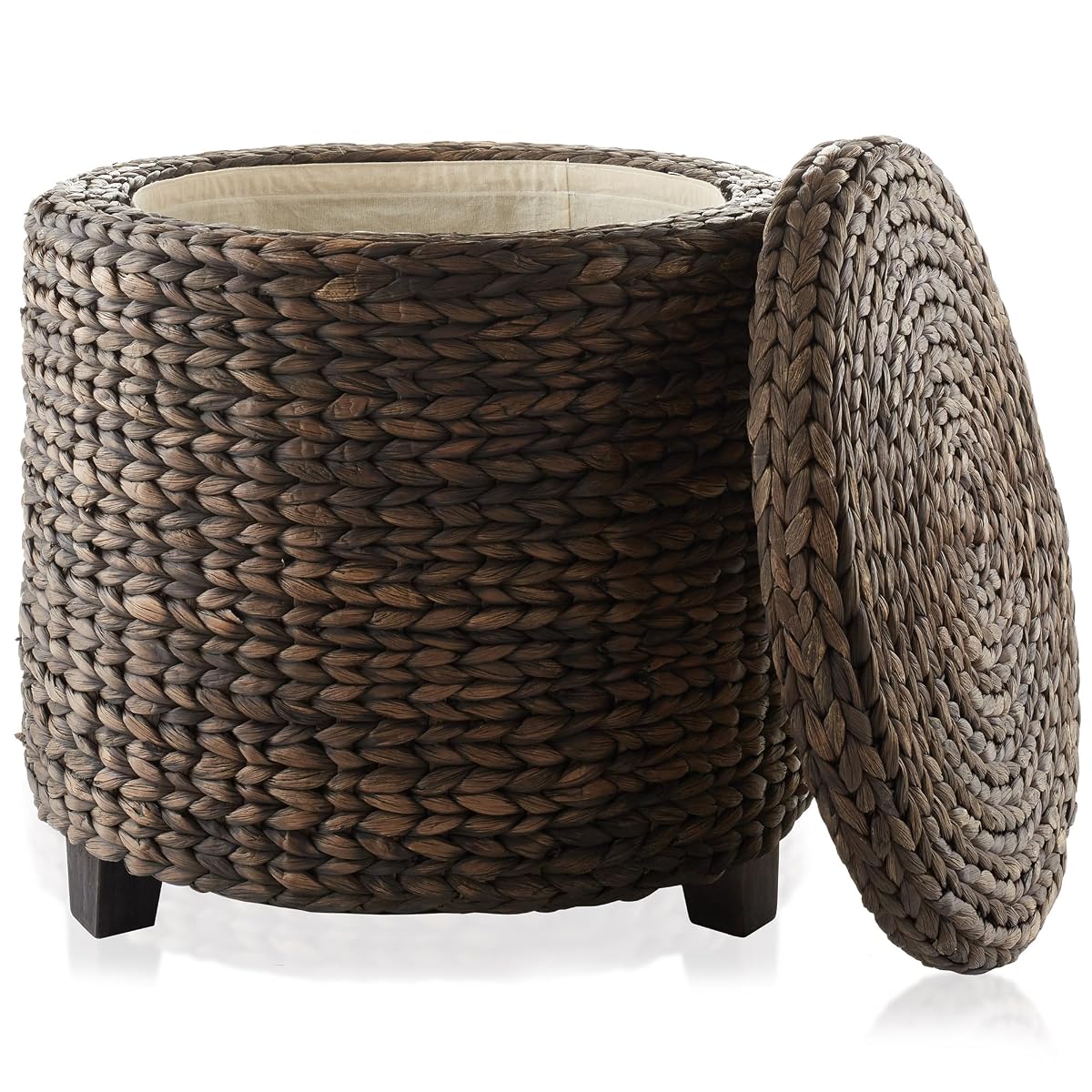 17" Round Storage Ottoman with Lid - Espresso Dark Brown, Handwoven Water Hyacinth Footstool for Living Room, Bedroom, Bathroom, Home Office