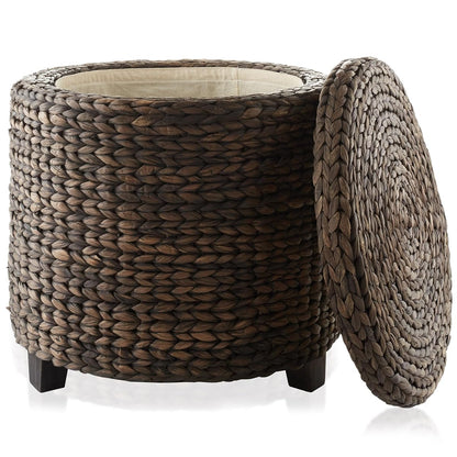 17" Round Storage Ottoman with Lid - Espresso Dark Brown, Handwoven Water Hyacinth Footstool for Living Room, Bedroom, Bathroom, Home Office