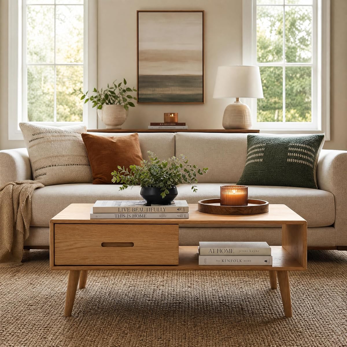 Fully-Assembled 100% Oak Wood Coffee Table with Storage for Living Room