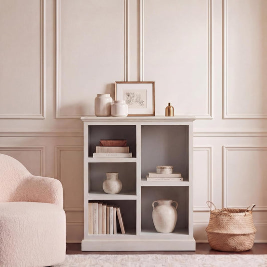 SAFAVIEH Furniture - Maralah 5-Shelf Storage Unit - White Washed - Solid Wood - Modern Geometric Design - Ideal for Living Room, Home Office, 25"W x 10.6"D x 30.1"H - Fully Assembled (AMH6634E)