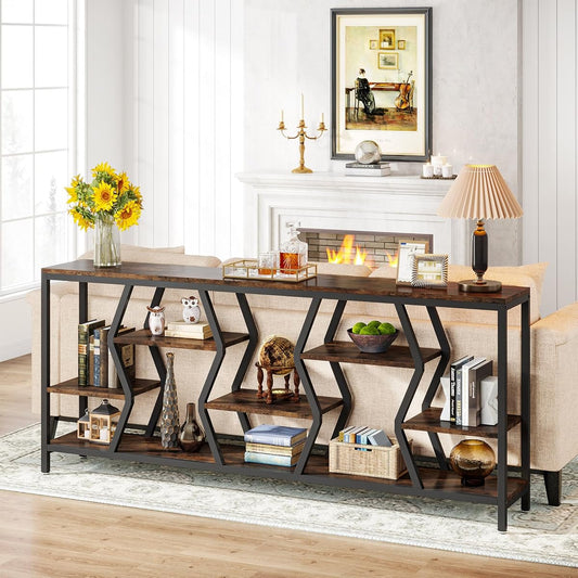 Tribesigns 70.9 Inches Sofa Console Table with 4 Tier Wood Storage Shelves, Industrial Extra Long Narrow Entryway Accent Tables for Hallway, Living Room, Foyer (Rustic Brown)
