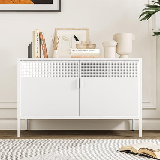 Metal Storage Cabinet with Doors, White Accent Cabinet