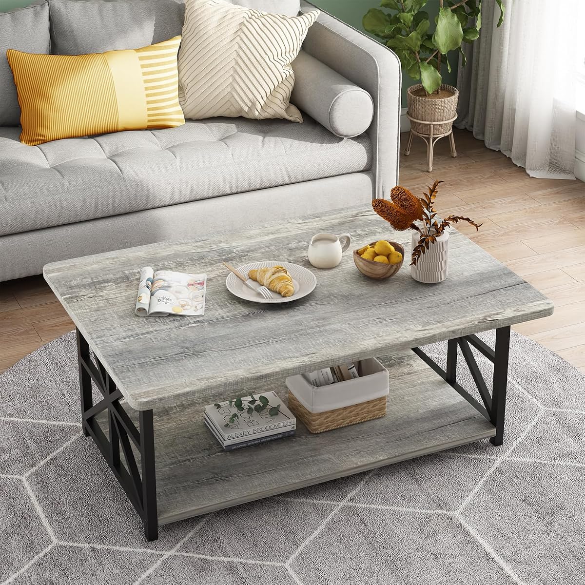 Gray Coffee Table for Living Room with Round Corners, 2 Tier Living Room Table with Storage Shelf,Rectangular Coffee Table Center Table for Small Spaces,Easy Assembly
