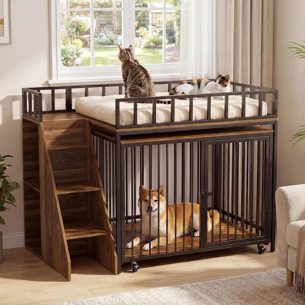 37" Dog Crate Furniture, Wooden Dog Kennel Indoor with Storage (Walnut)