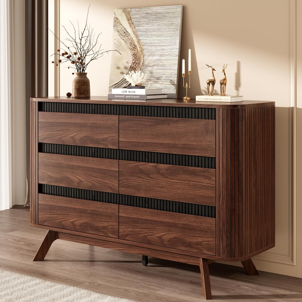 Fluted 6 Drawer Dresser for Bedroom, 47W x 31H, Modern Walnut Brown