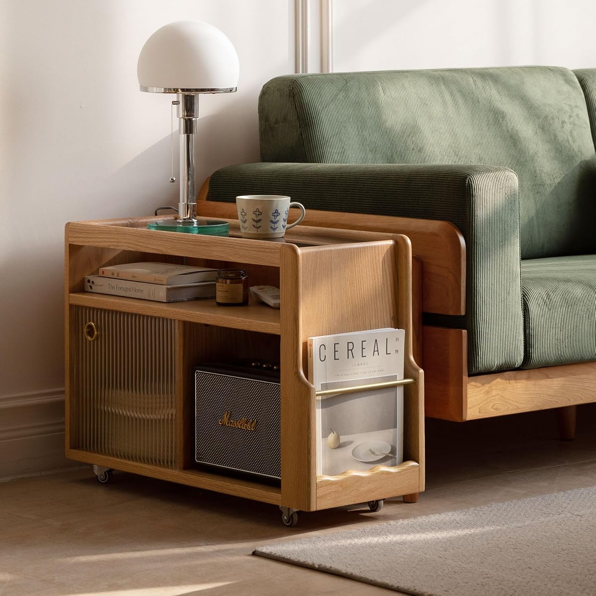 Solid Wood Narrow Side Table with Storage, End Table with Magazine Rack & Glass Door Cabinet, Small Couch Side Table for Living Room, Narrow Nightstand for Bedroom, No Assembly