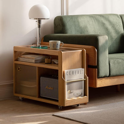 Solid Wood Narrow Side Table with Storage, End Table with Magazine Rack & Glass Door Cabinet, Small Couch Side Table for Living Room, Narrow Nightstand for Bedroom, No Assembly