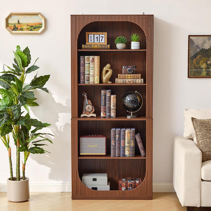 71" Tall Arched Bookcase, 5 Tier Fluted Wood Arched Bookshelf