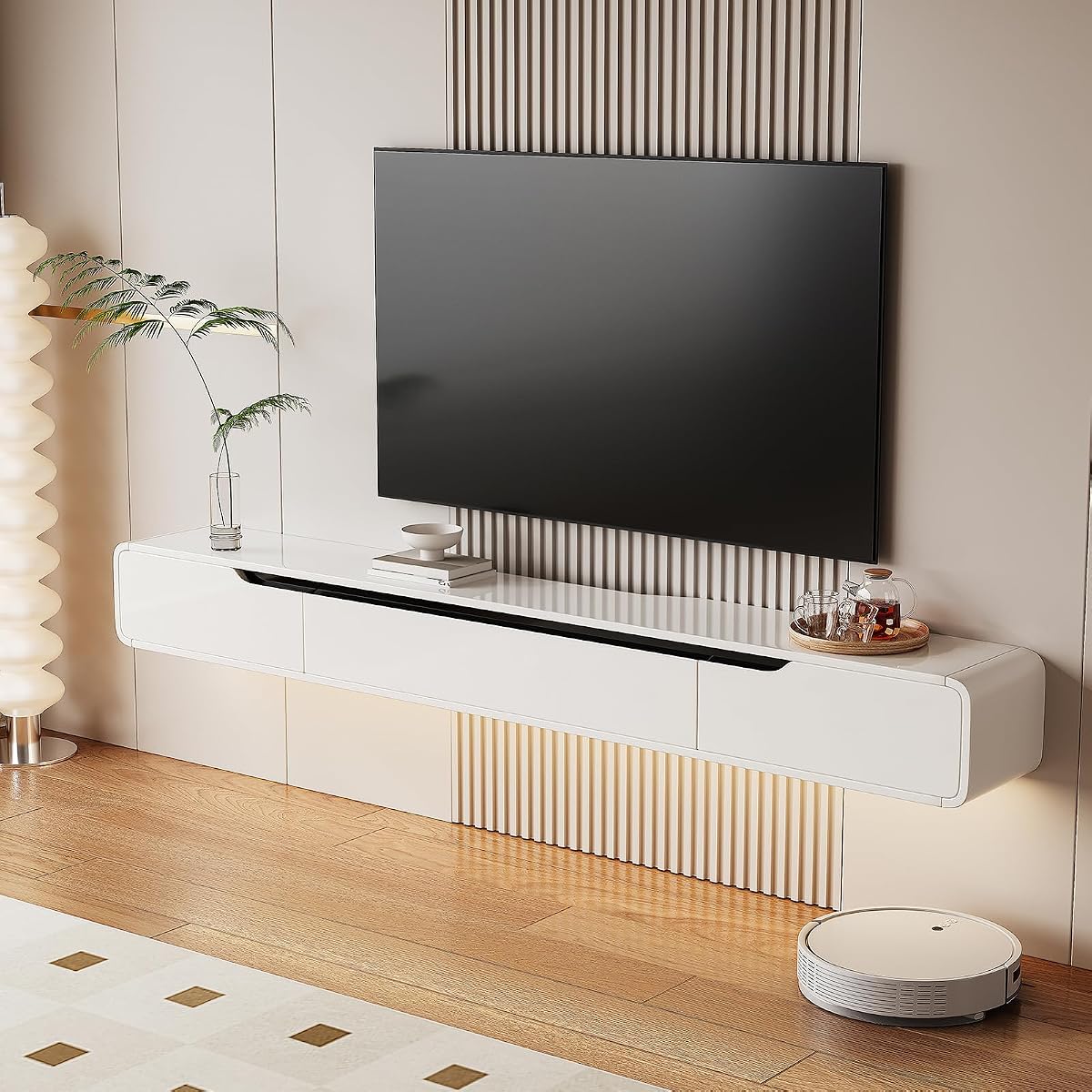 High Gloss Floating TV Stand with 3 Doors,White,47 Inch