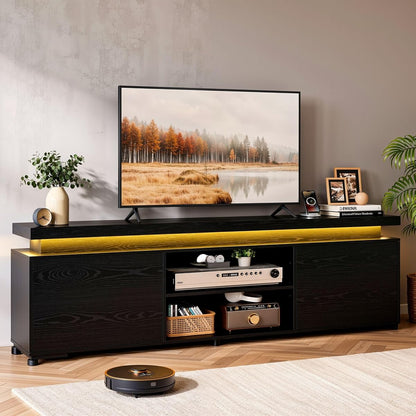 TV Stand for 85 inch TV, TV Console with LED Lights and Power Outlet, Long Entertainment Center with Cabinets and Storage Shelves, TV Stand Black for Bedroom Living Room