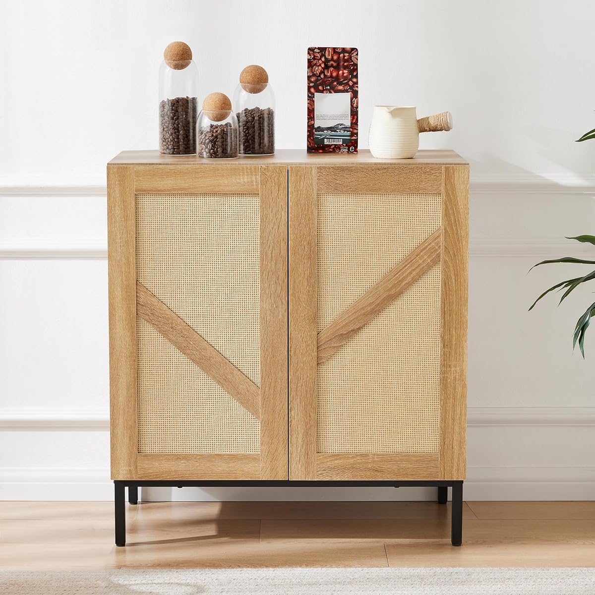 Buffet Cabinet with Storage, Sideboards 2 Doors with Metal Base and Adjustable Shelf for Kitchen, Coffee Bar, Entryway, Hallway,Living Room (Rattan Buffet Cabinet, Natural)