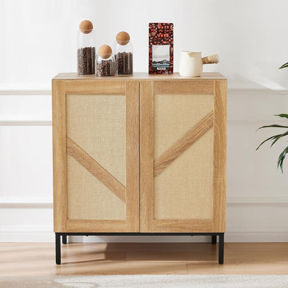 Buffet Cabinet with Storage, Sideboards 2 Doors with Metal Base and Adjustable Shelf for Kitchen, Coffee Bar, Entryway, Hallway,Living Room (Rattan Buffet Cabinet, Natural)