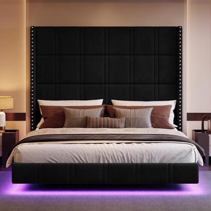 Queen Floating Bed Frame with 72.44" Extra-Tall Headboard, Black