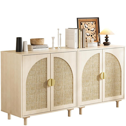 Rattan Storage Cabinet, Beige Boho Sideboard with Adjustable Shelf, Magnetic Door Latch. [2pcs, Beige]