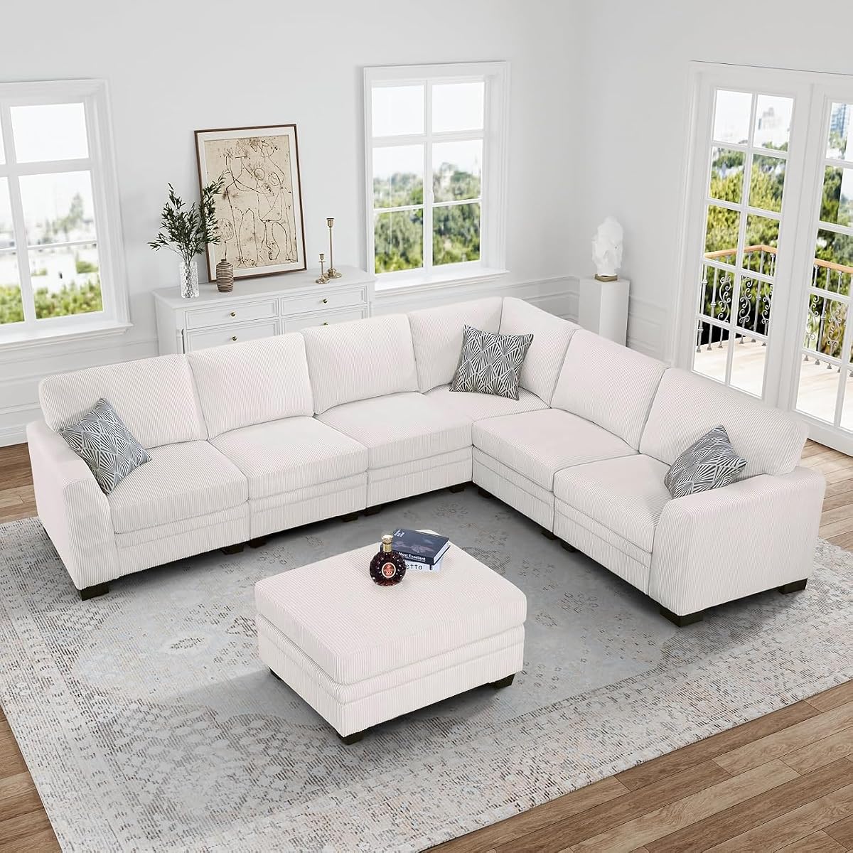 Oversized Modular Sectional Sofa,U/L-Shaped Corduroy Couch with Ottoman,Deep Seat & Removable Cushion,Easy Assembly for Living Room Apartment,7 Seater,Cream