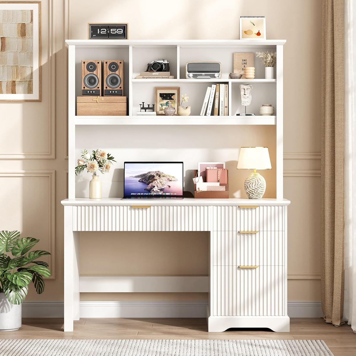 Fluted Computer Desk with Hutch and Ample File Drawer, White
