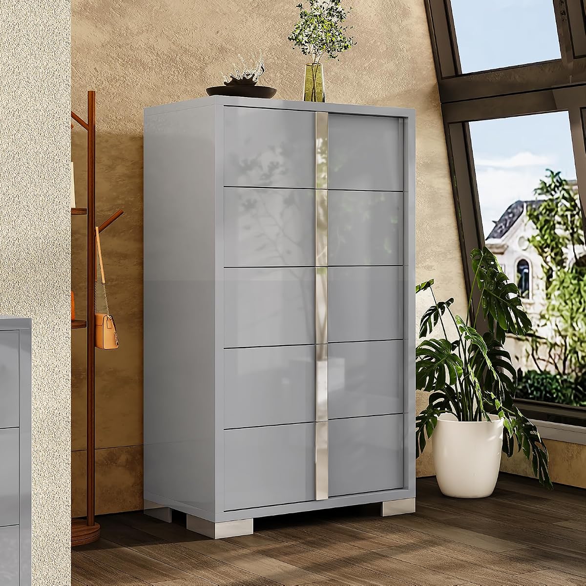 5 Drawer Dresser with Glossy Finish, Modern Storage Chest, Grey